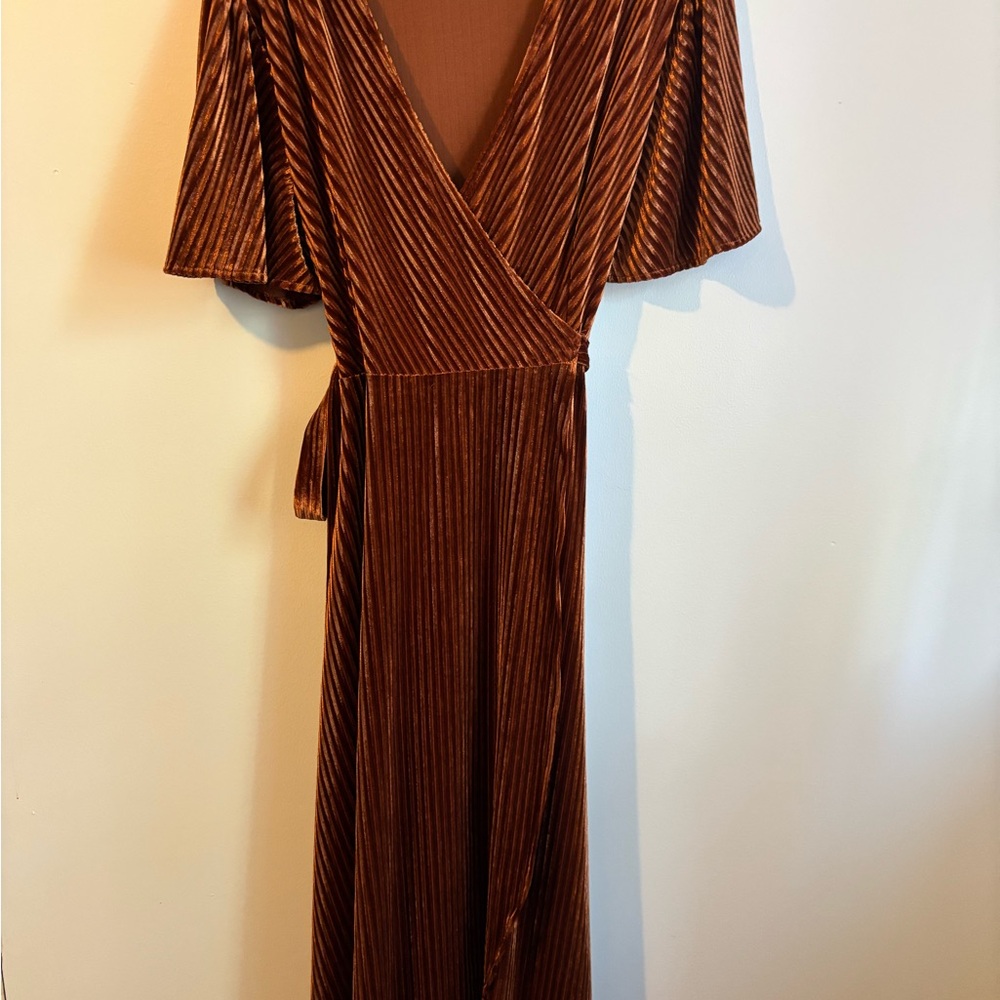 Wrap Around V Neck Velvet Copper Dress